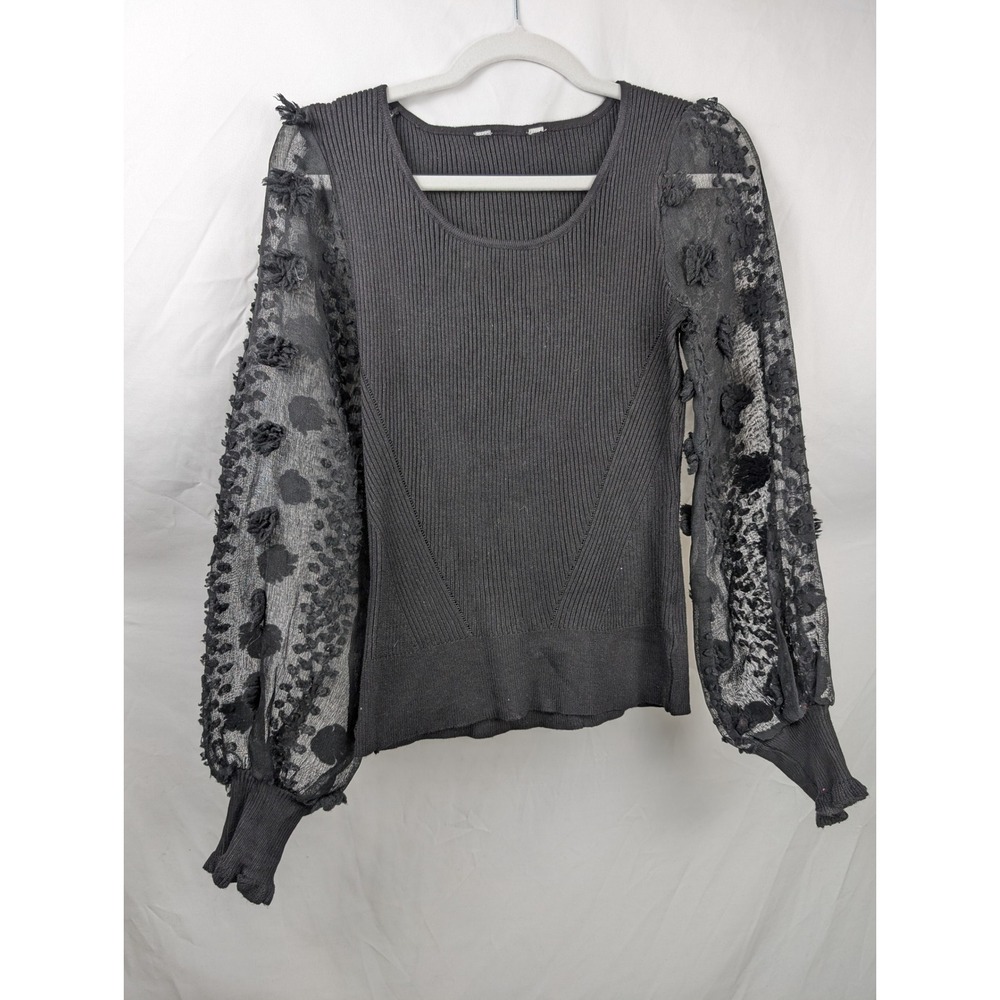 Black Sheer Mesh Top Blouse 3D Floral Balloon Sleeve XS Whimsigoth Fairy Grunge - Picture 2 of 7